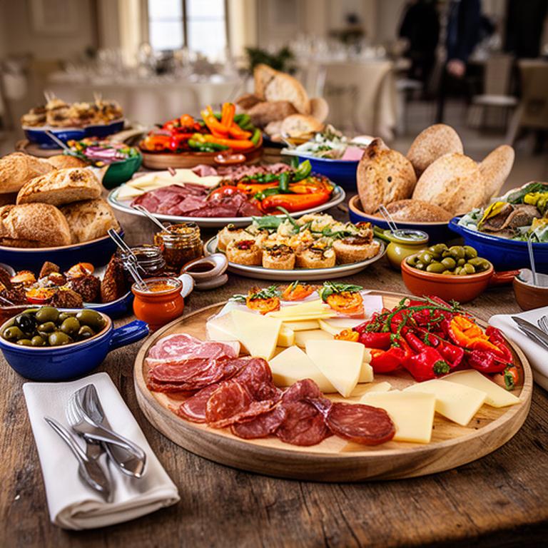 Buffet calabrese allestito per un aperitivo aziendale con taglieri, pane locale e ceramiche artigianali