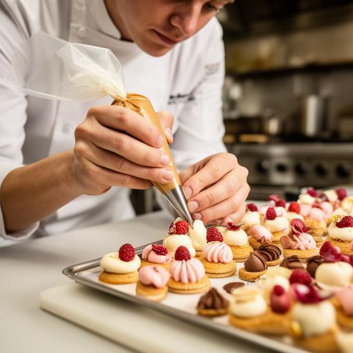 Professionista della pasticceria mentre decora piccoli dolci per un evento privato