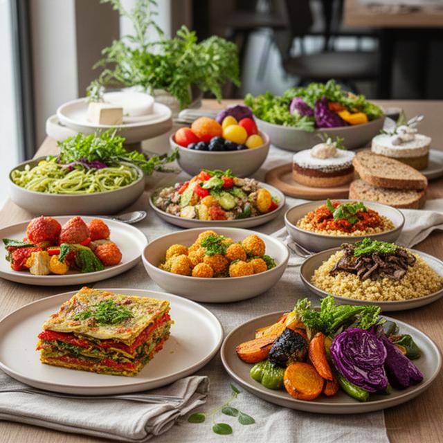 Tavola per evento a Catanzaro con piatti vegani colorati, verdure fresche e portate senza glutine