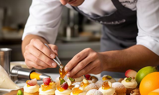 Pasticcere che rifinisce piccoli dolci calabresi su un banco di lavoro